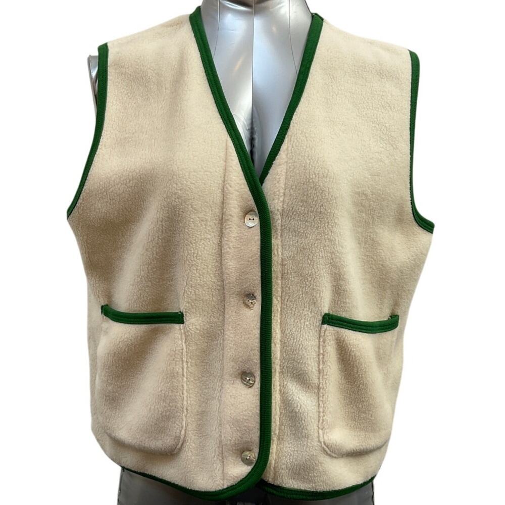DONNI. Cream Fleece Vest with Green Trim